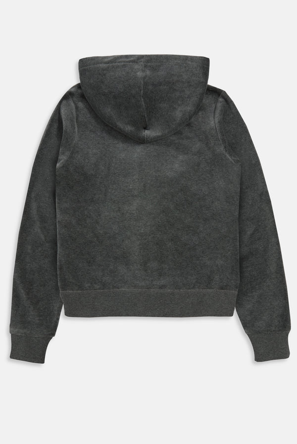 Displays a model wearing the Charcoal Marl 'Juicy' cotton velour Robertson hoodie 