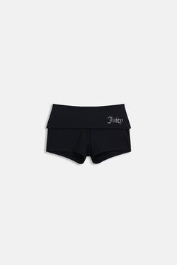 Displays the Black 'Juicy' Branded Luxury Jersey Roll down Diamanté shorts 