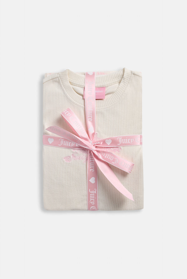 Displays the Marshmallow 'Juicy' branded Rose Rib Pyjama Set