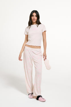 Displays a model wearing the Marshmallow 'Juicy' branded Rose Rib Pyjama Set