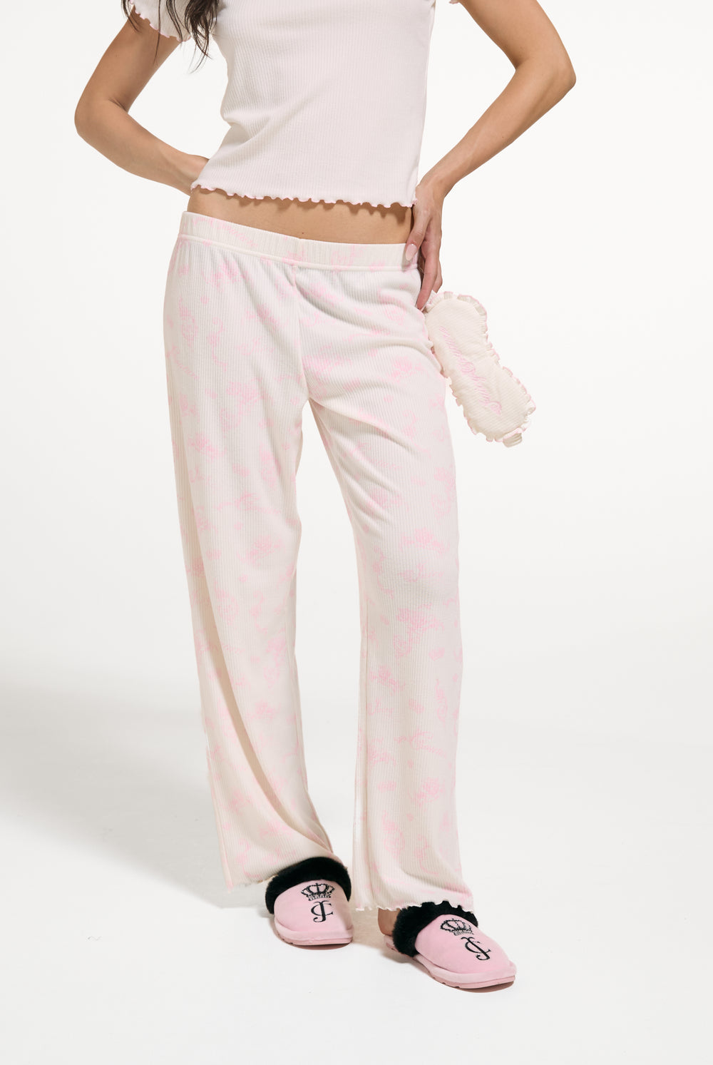 Displays a model wearing the Marshmallow 'Juicy' branded Rose Rib Pyjama Set