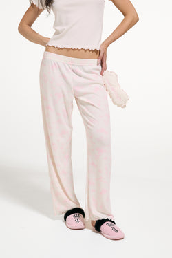 Displays a model wearing the Marshmallow 'Juicy' branded Rose Rib Pyjama Set