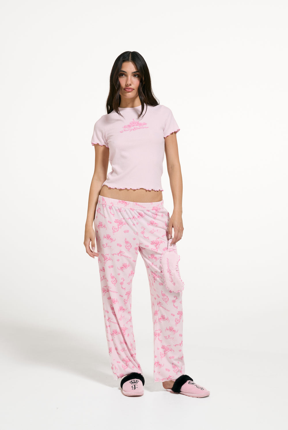 Displays a model wearing the Cherry Blossom 'Juicy' branded Rose Rib Pyjama Set
