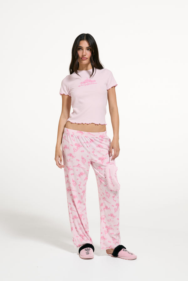 Displays a model wearing the Cherry Blossom 'Juicy' branded Rose Rib Pyjama Set