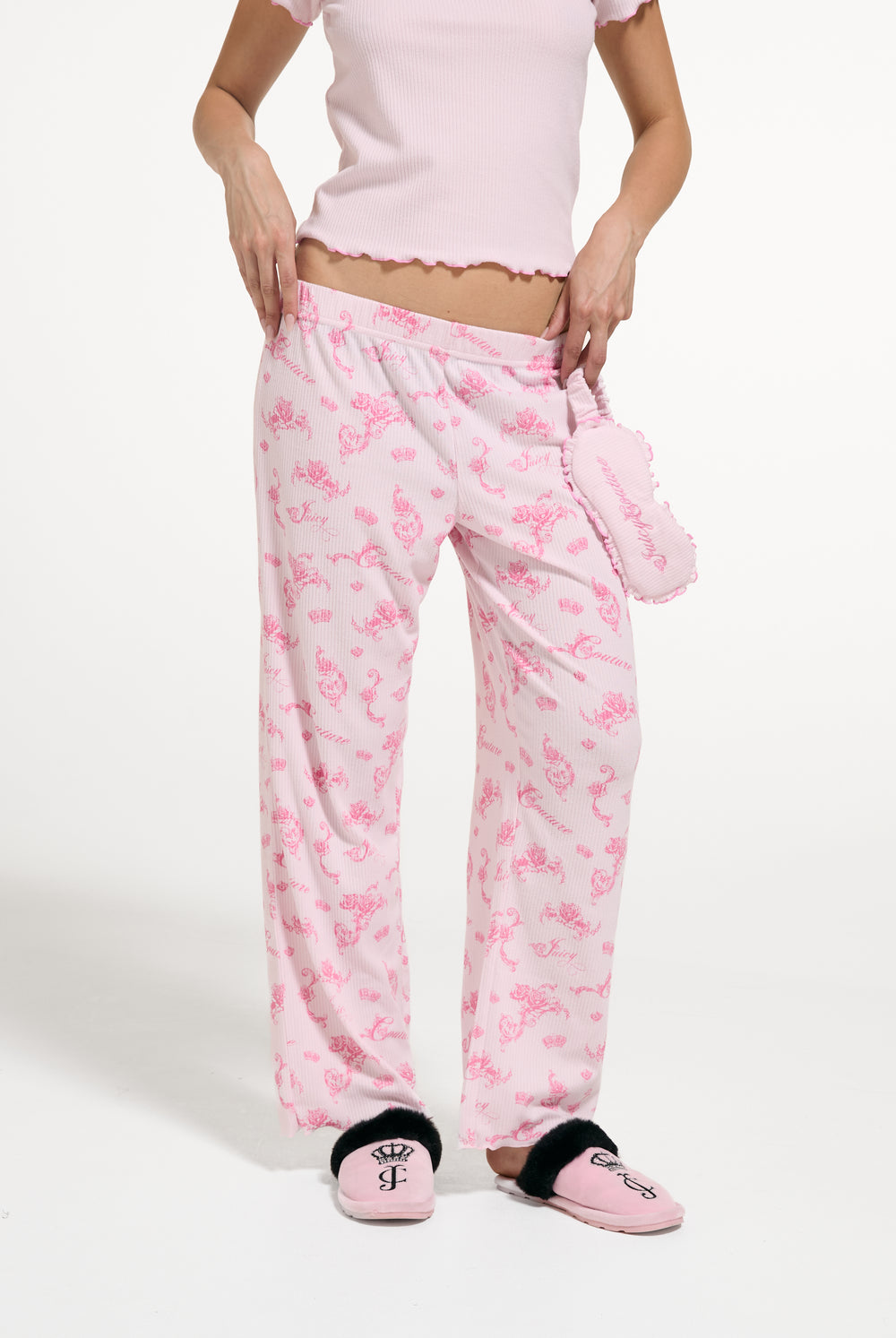 Displays a model wearing the Cherry Blossom 'Juicy' branded Rose Rib Pyjama Set