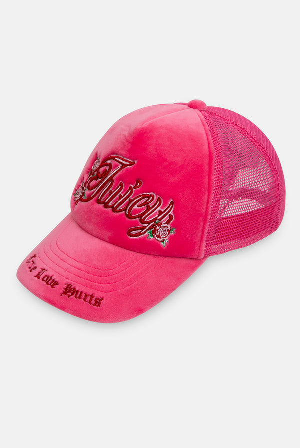 HOT PINK ROSE EMBROIDERED VELOUR TRUCKER CAP