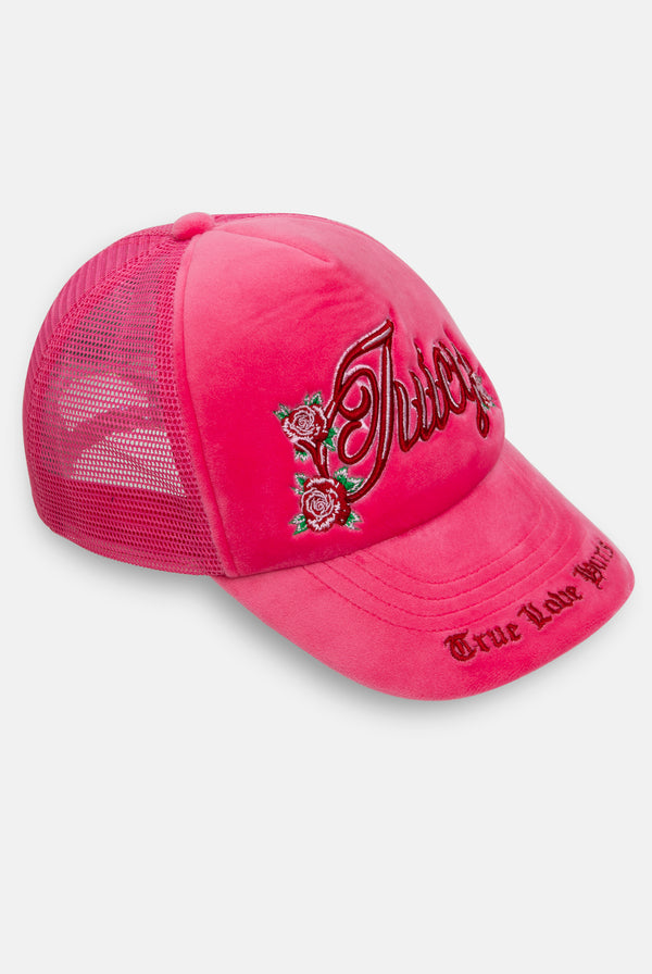 HOT PINK ROSE EMBROIDERED VELOUR TRUCKER CAP