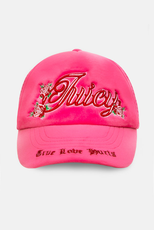 HOT PINK ROSE EMBROIDERED VELOUR TRUCKER CAP