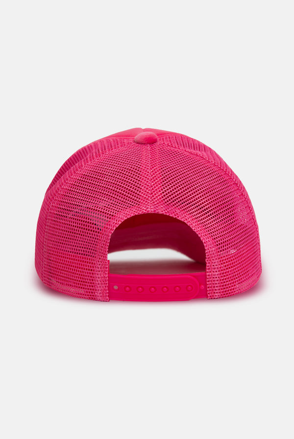 HOT PINK ROSE EMBROIDERED VELOUR TRUCKER CAP