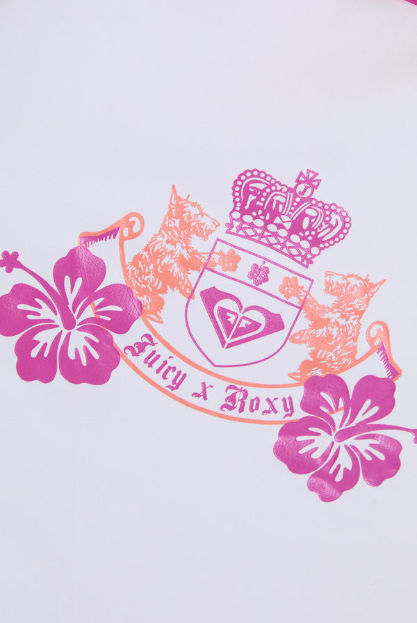 Displays the Azalea pink Roxy and juicy couture lycra top featuring the juicy x Roxy logo