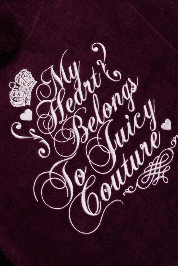 Displays the Winetasting 'Juicy' branded Script Rebelle Robyn Hoodie featuring the slogan branding on the details 