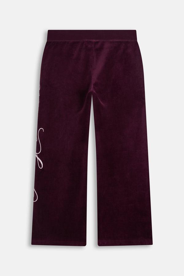 Displays the Winetasting 'Juicy' branded Cotton Velour Ultra Lowrise Straight Leg Trackpant
