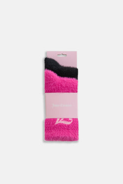 Displays the seasonal 'Juicy' branded fluffy socks 2 pack featuring the black and pink pair of socks