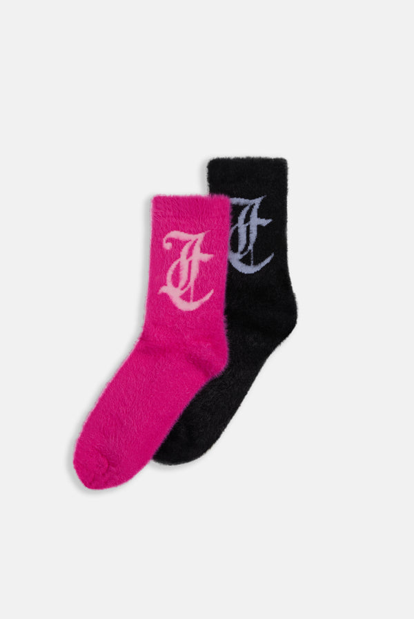 Displays the seasonal 'Juicy' branded fluffy socks 2 pack featuring the Black & Pink socks 