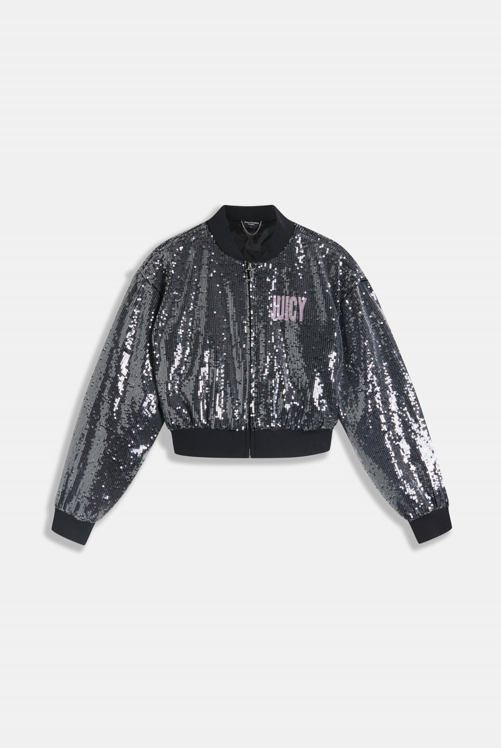 Displays the 'juicy' branded choose juicy sequin cropped bomber 