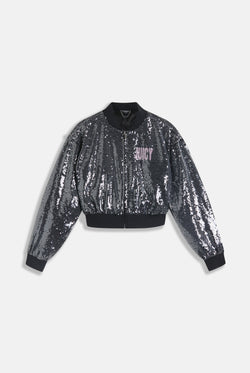 Displays the 'juicy' branded choose juicy sequin cropped bomber 