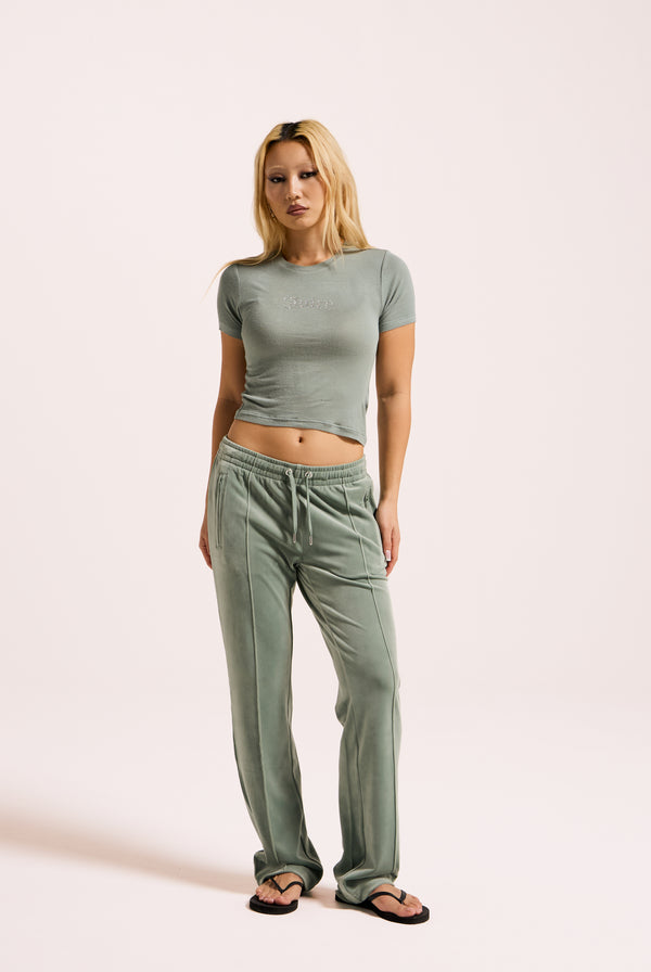 CHINOIS GREEN SHEER JERSEY DIAMANTÉ  FITTED TEE