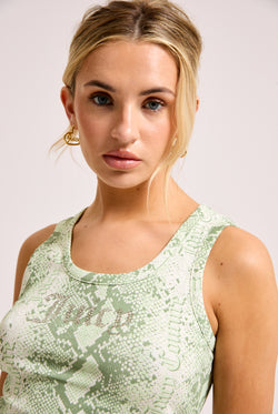 Displays a model wearing the Green Snake print 'Juicy' branded diamanté vest 
