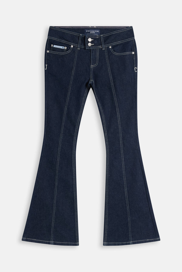 Indigo Denim Low Rise Flare Embroidered Jeans