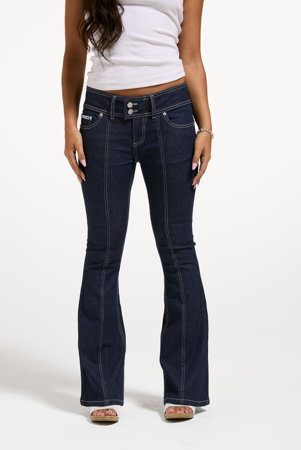 Indigo Denim Low Rise Flare Embroidered Jeans