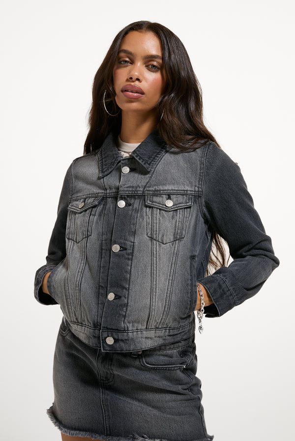 Washed Black Stretch Denim Fitted Jacket