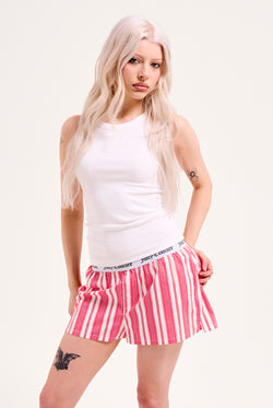 Displays a model wearing the Pink Stripe 'Juicy' branded cotton boxer 