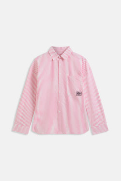 Displays the Pink stripe 'Juicy' branded loungewear oversized shirt 