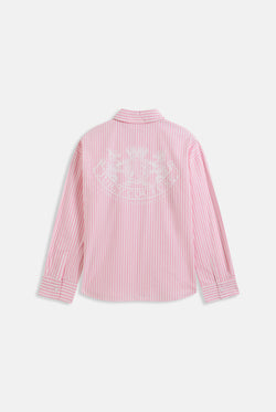 Displays the Pink stripe 'Juicy' branded loungewear oversized shirt 