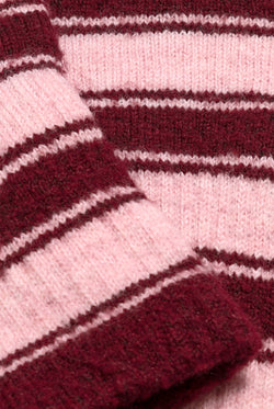 Displays the Burgundy Stripe 'Juicy' branded Fingerless Mittens featuring close up on the details 