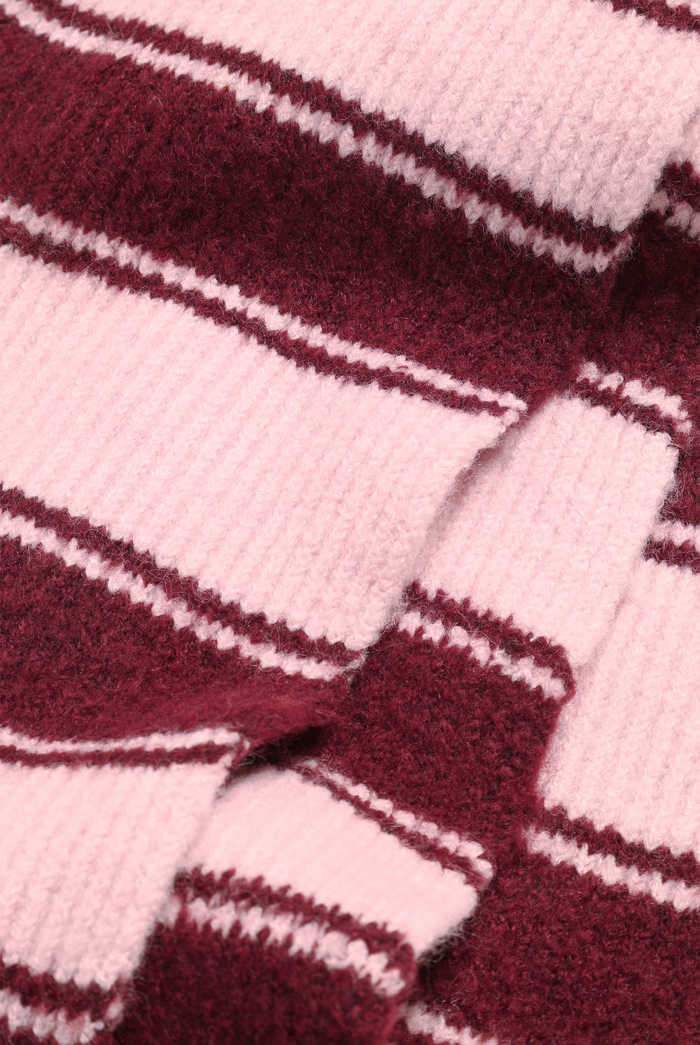 Displays the Burgundy 'juicy' branded Stripe Knit Scarf featuring close up on the details 