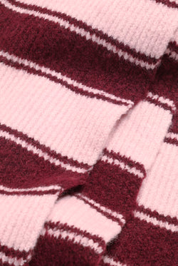 Displays the Burgundy 'juicy' branded Stripe Knit Scarf featuring close up on the details 