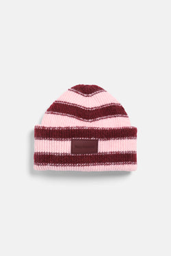 Displays the Burgundy Stripe 'Juicy' branded Ribbed Beanie