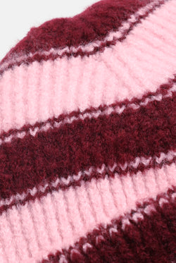 Displays the Burgundy Stripe 'Juicy' branded Ribbed Beanie featuring the close up on the details 