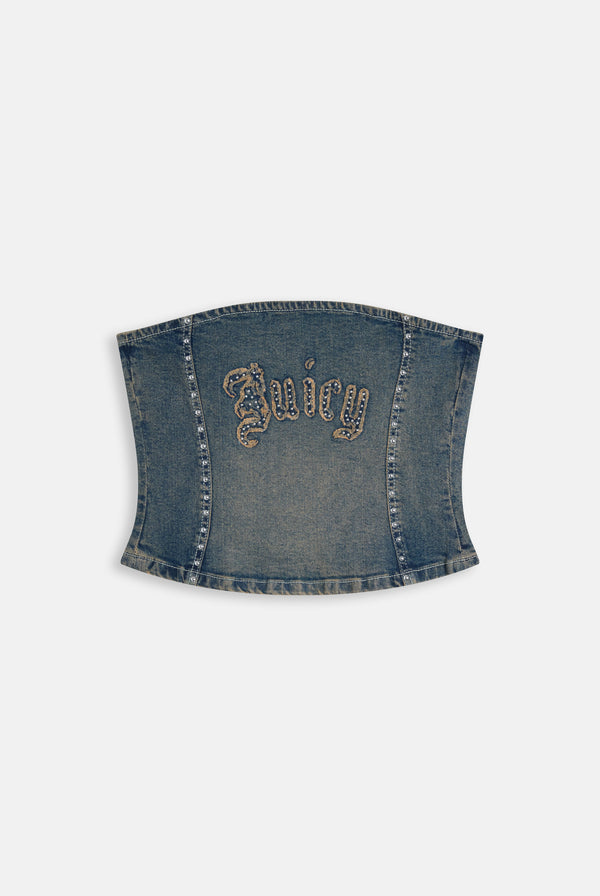Mid Wash Sand Denim Studded Corset Top
