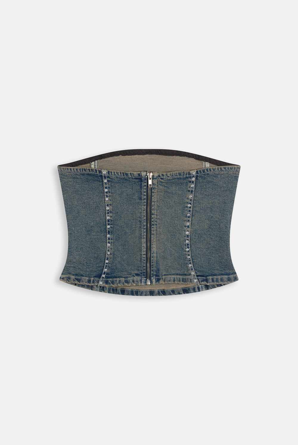 Displays the Mid Wash 'Juicy' branded Sand Denim Studded Corset Top