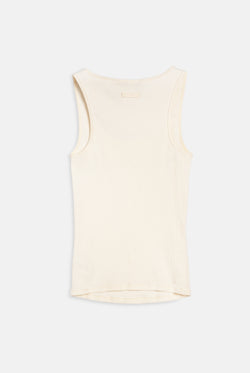 Displays the White 'Juicy' branded longline ribbed vest 