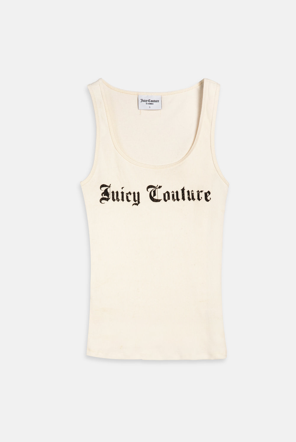Displays the White 'Juicy' branded longline ribbed vest 