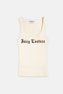 Displays the White 'Juicy' branded longline ribbed vest 
