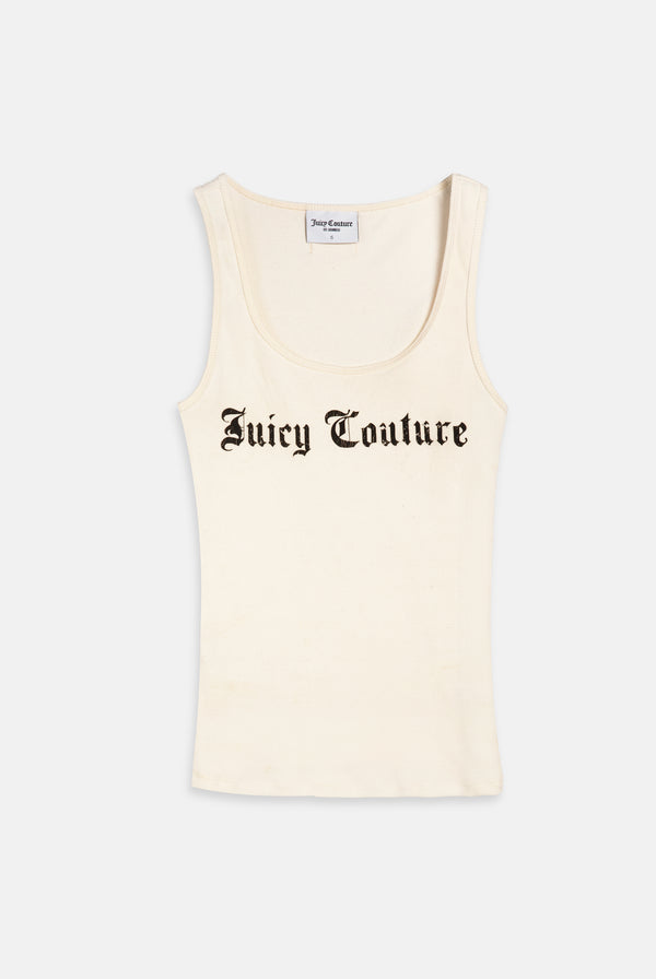 Displays the White 'Juicy' branded longline ribbed vest 