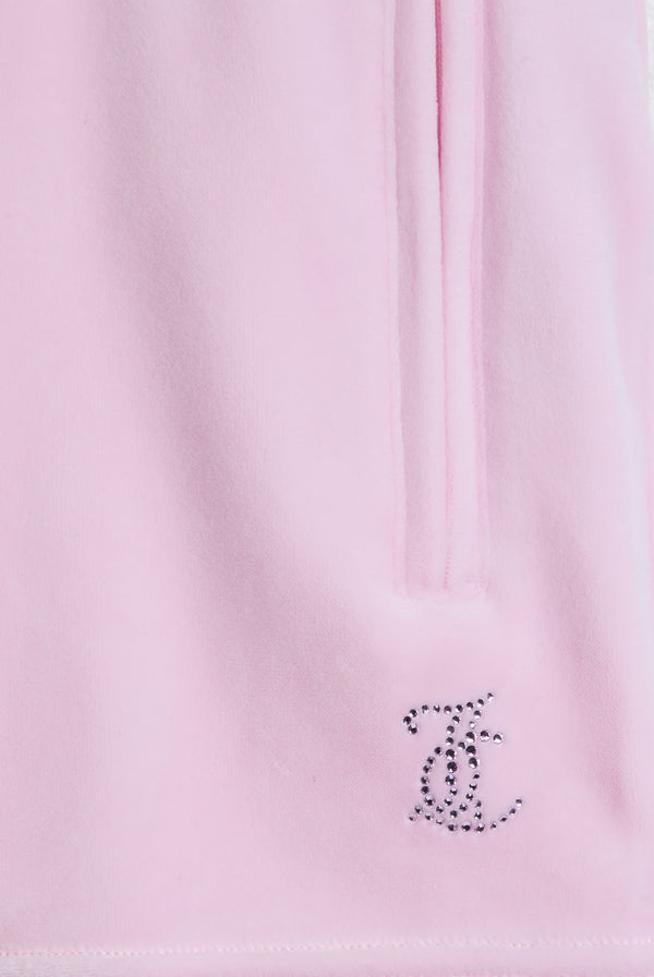 Displays the Cherry Blossom 'Juicy' branded velour outline diamanté track shorts 