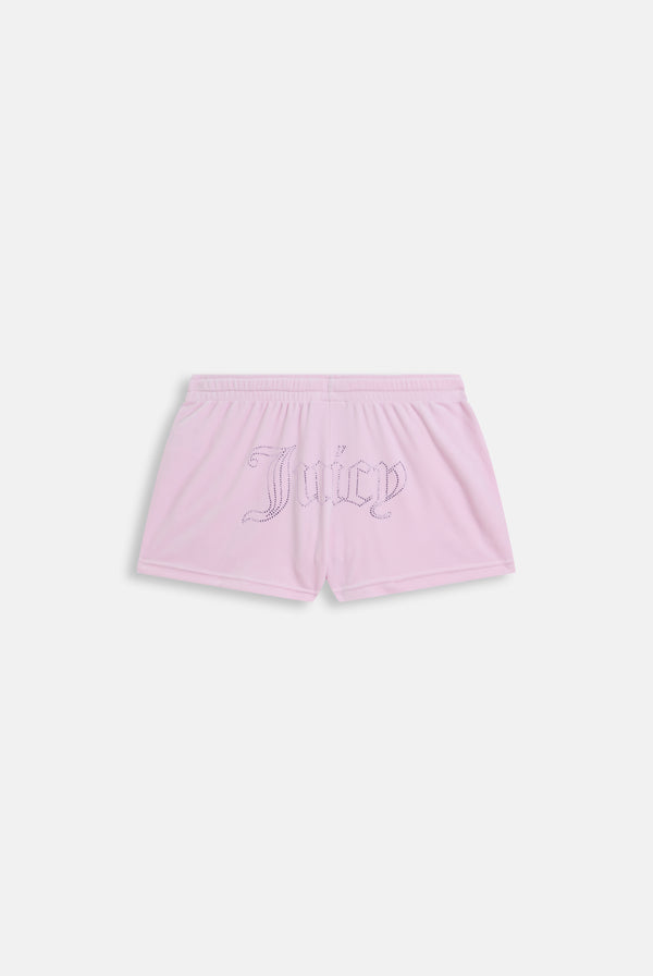 Displays the Cherry Blossom 'Juicy' branded velour outline diamanté track shorts 