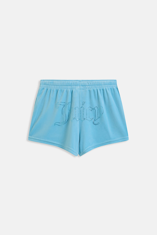 Displays the Sky Blue 'juicy' branded Velour outline diamanté track shorts 