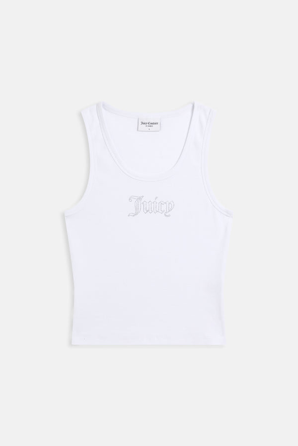 Displays the white 'Juicy' branded outline diamanté racer vest 