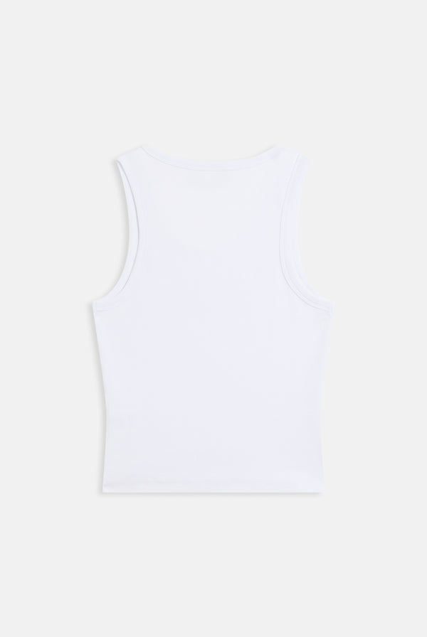Displays the white 'Juicy' branded outline diamanté racer vest 