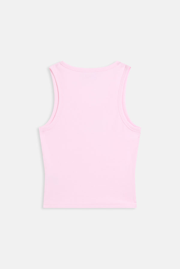 Displays the cherry blossom ribbed 'juicy' branded outline diamanté racer vest 
