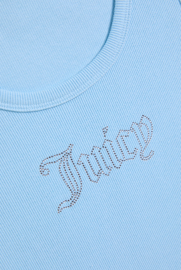 Displays the sky blue 'juicy' branded outline diamanté racer vest featuring the juicy branding