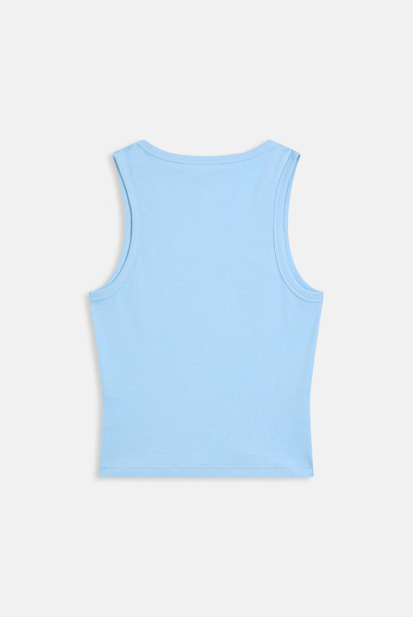 Displays the sky blue 'juicy' branded outline diamanté racer vest 
