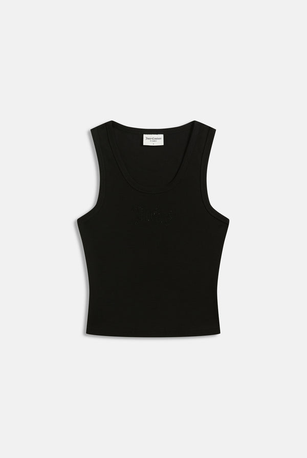 Displays the Black 'Juicy' branded ribbed outline diamanté racer vest 