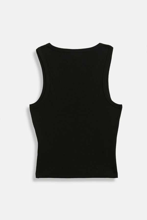 Displays the Black 'Juicy' branded ribbed outline diamanté racer vest 