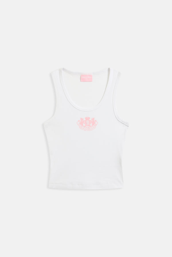 Displays a model wearing the White Striped 'Juicy' branded vest included in the pyjama set